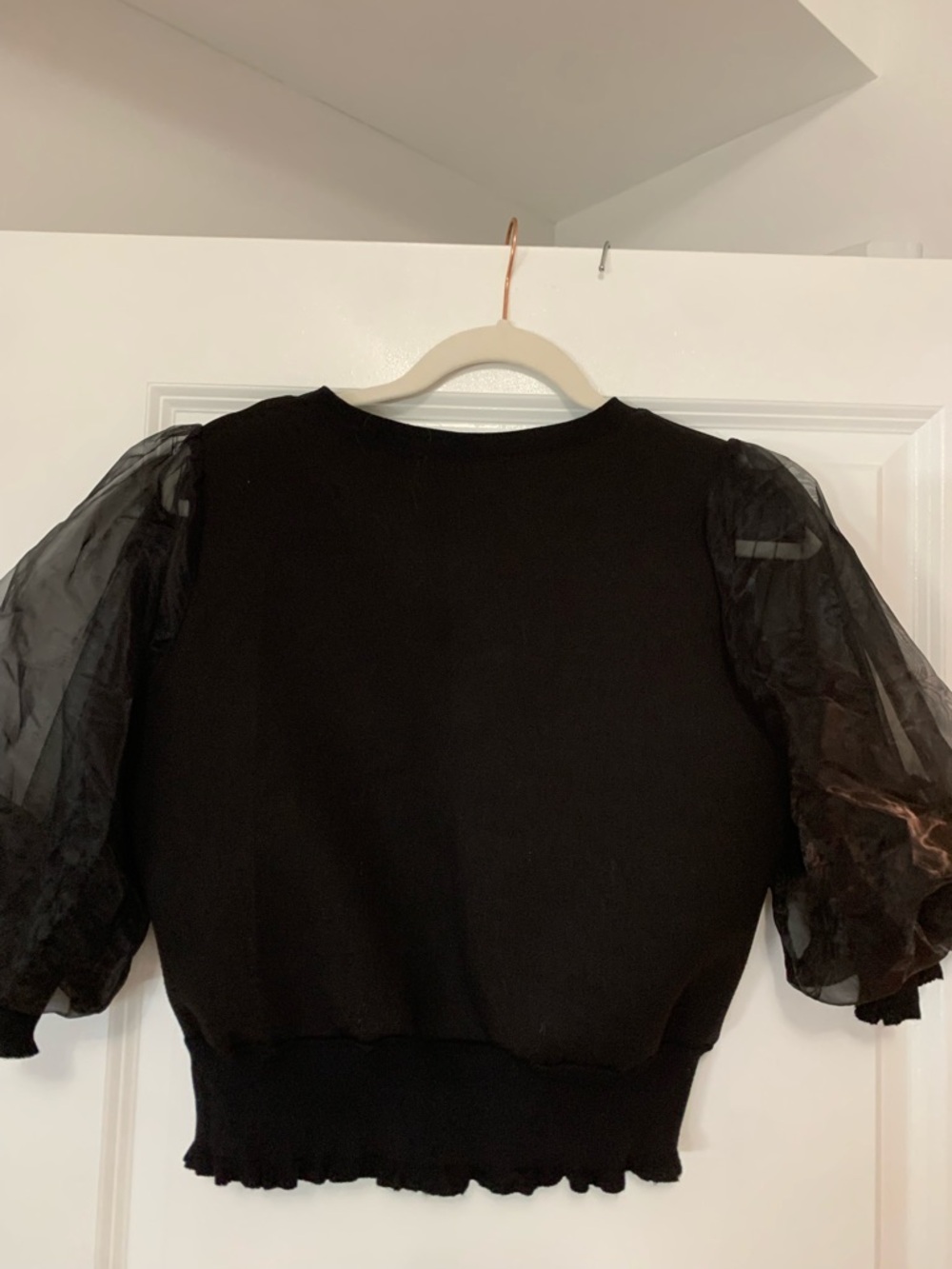 Women’s Black Puff-Sleeve Sweatshirt — Sheer Sleeve Top